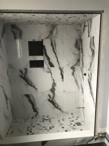 Marble tile shower, installation in progress