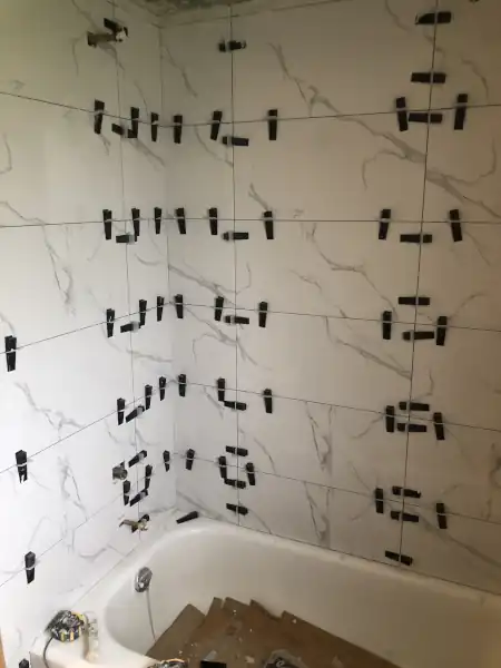 Marble tile shower, installation in progress